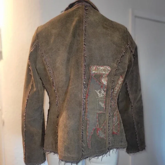 RAW Vintage Distressed Brown Suede Leather Blazer Jacket Applique Buttons M sexy - Picture 14 of 16